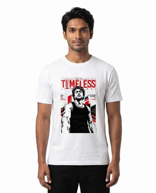 Front view of male model wearing TIMELESS - The One Inspired Men's Regular Fit T-Shirt in white in a studio setting.