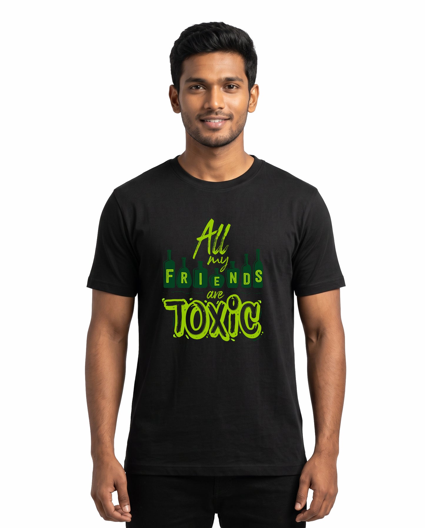 Male model wearing TOXIC men's regular-fit t-shirt in black in a studio backdrop.