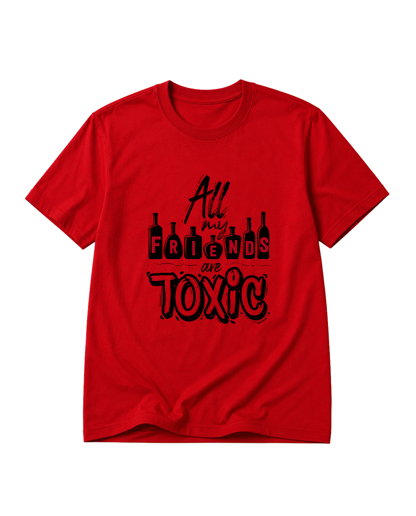 TOXIC men's regular-fit t-shirt in red featuring a bold and humorous graphic design inspired by playful warning-label aesthetics.