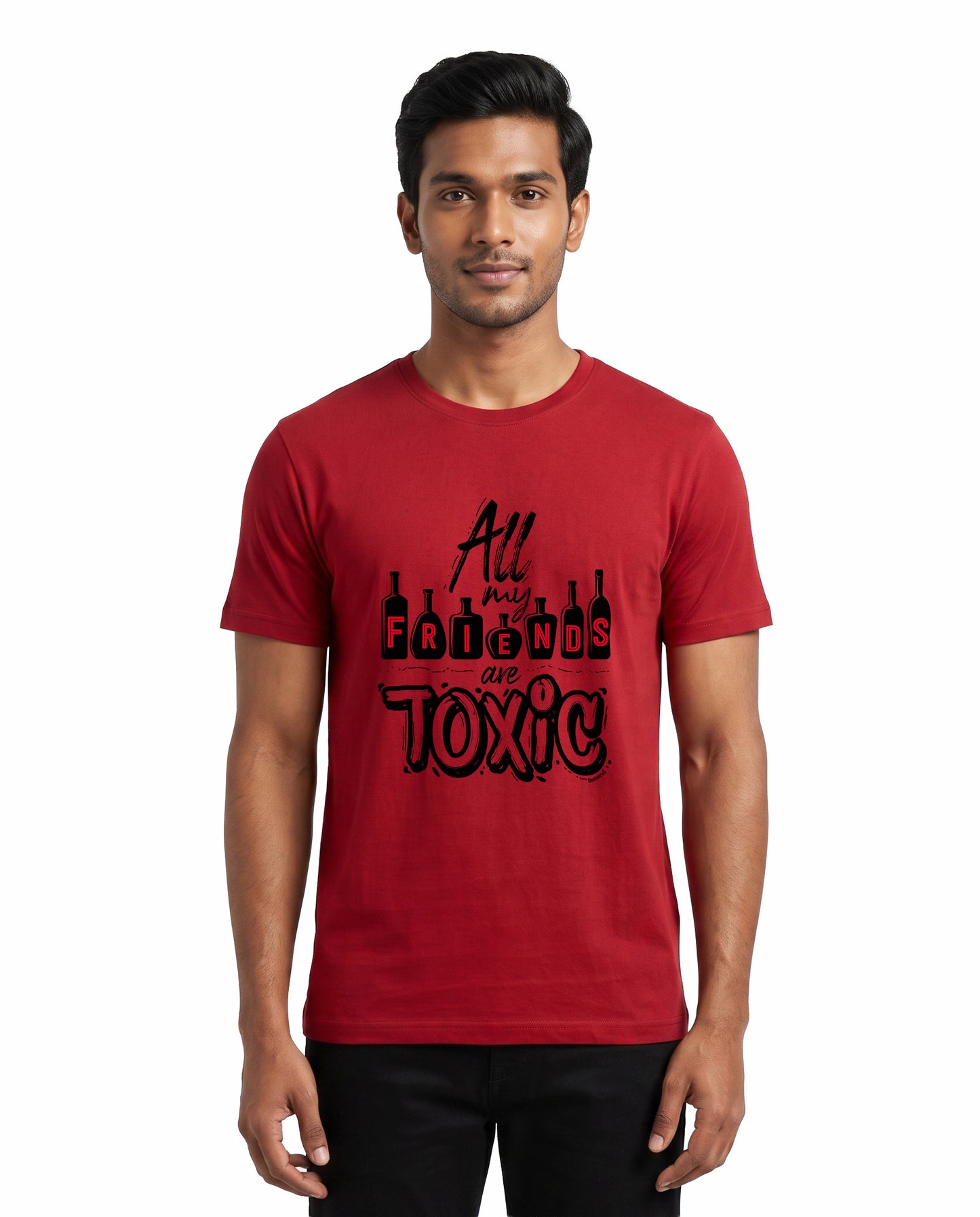 Male model wearing TOXIC men's regular-fit t-shirt in red in a studio backdrop.