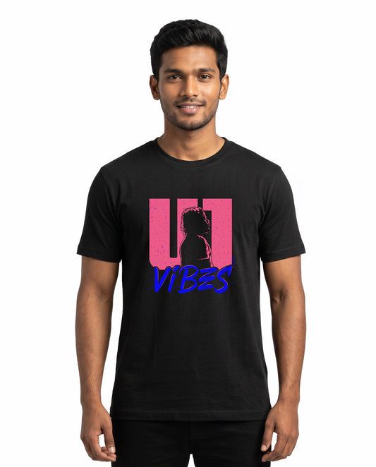 Male model wearing U1 VIBES men's regular-fit t-shirt in black in a studio setting.