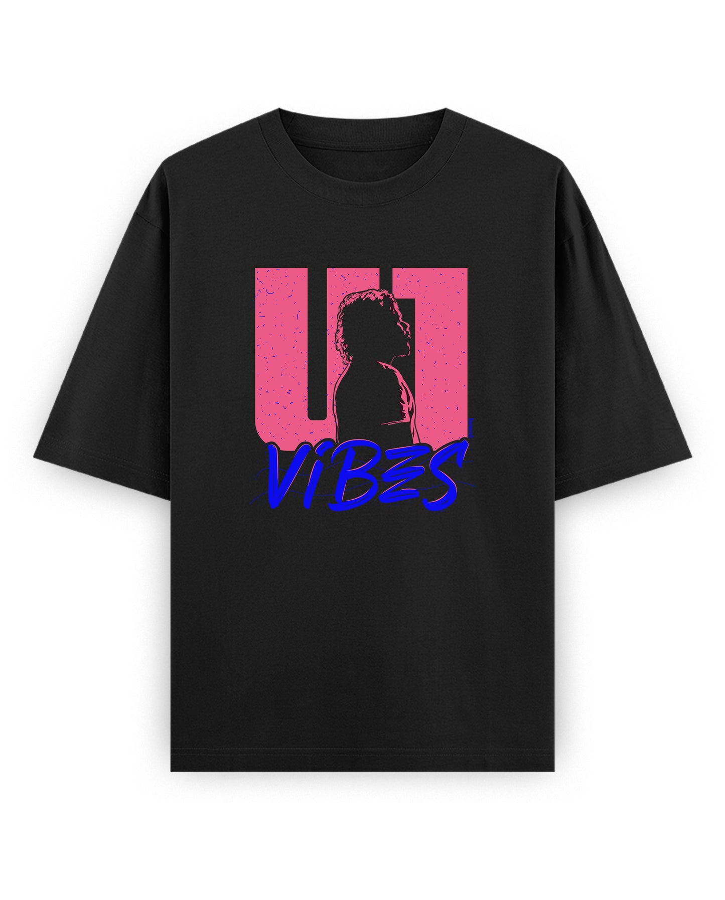 Front view of U1 VIBES unisex oversized graphic t-shirt in black.