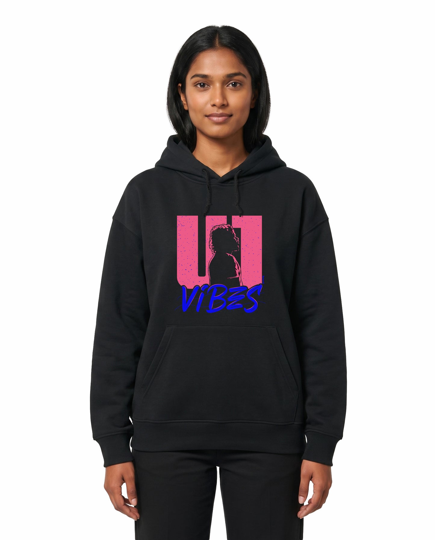 Front view of female model wearing U1 VIBES - unisex regular-fit hoodie in black in a studio setting.