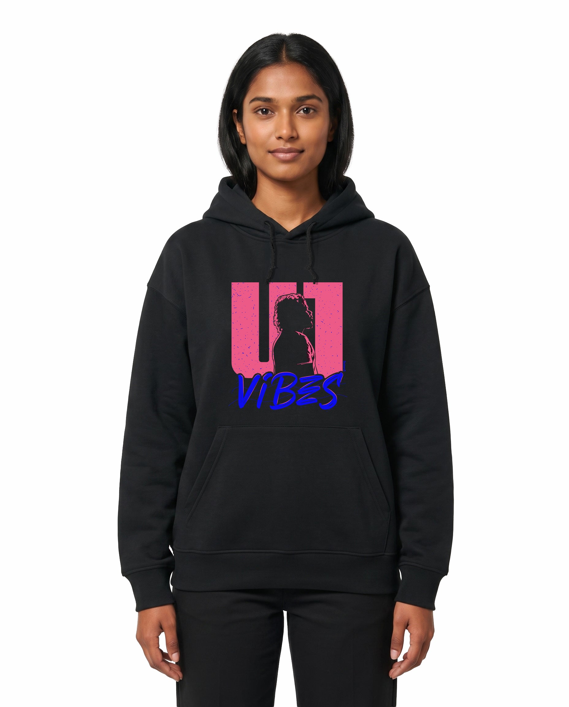 Front view of female model wearing U1 VIBES - unisex regular-fit hoodie in black in a studio setting.