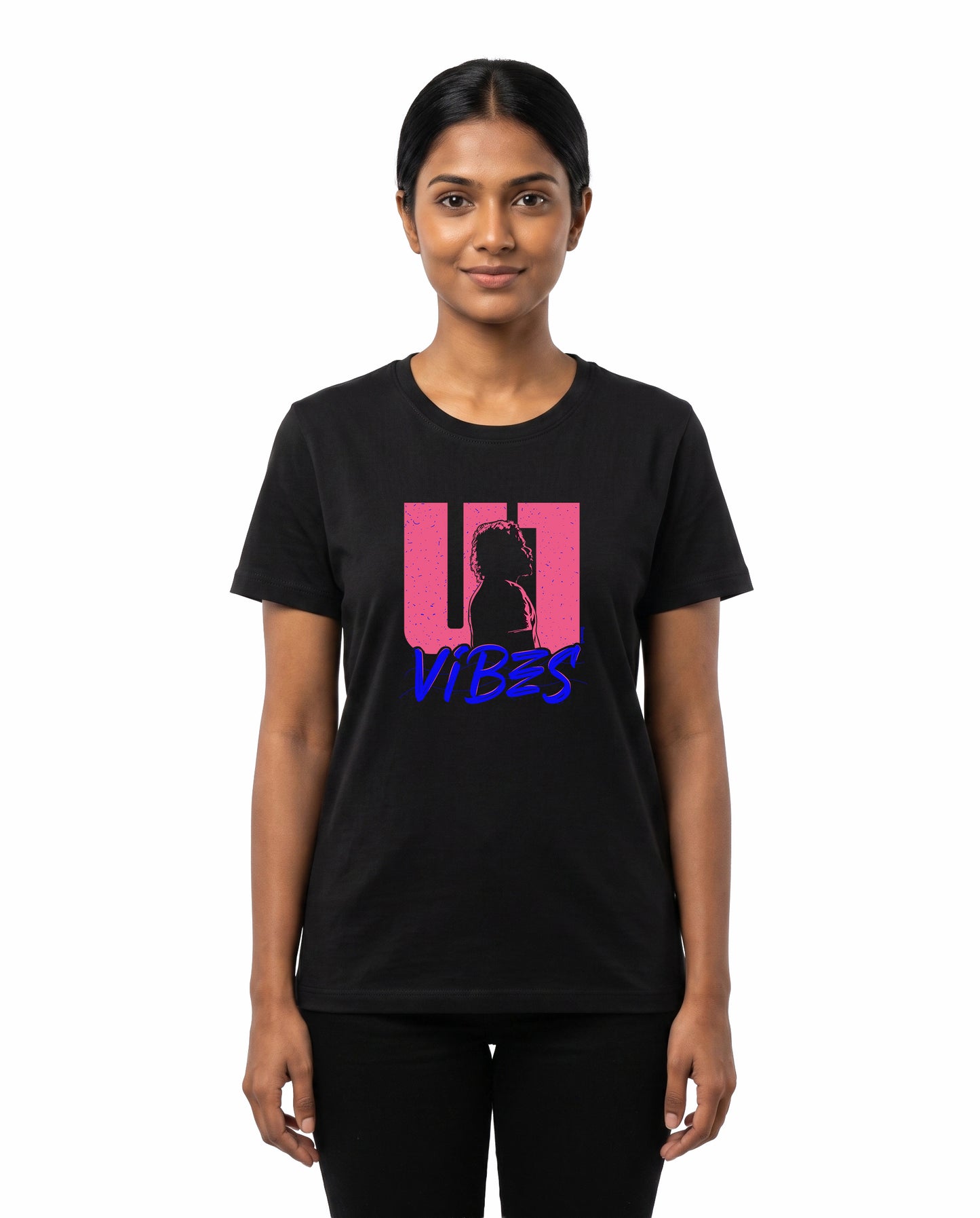 Female model wearing U1 VIBES women's regular-fit t-shirt in black in a studio setting.