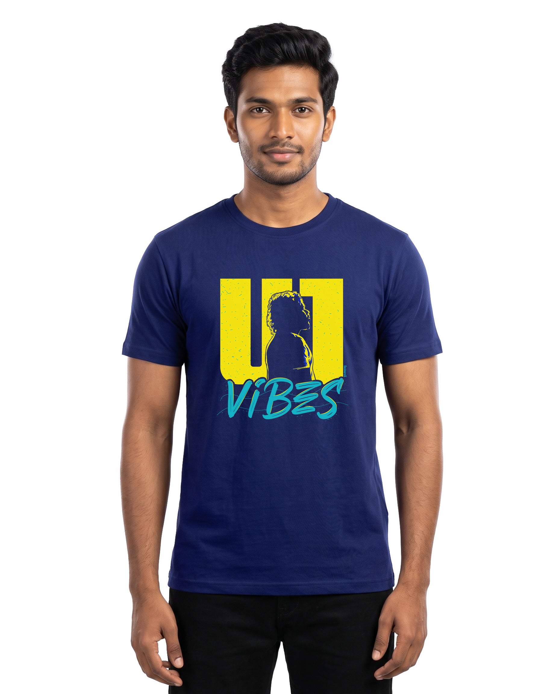 Male model wearing U1 VIBES men's regular-fit t-shirt in royal blue in a studio setting.