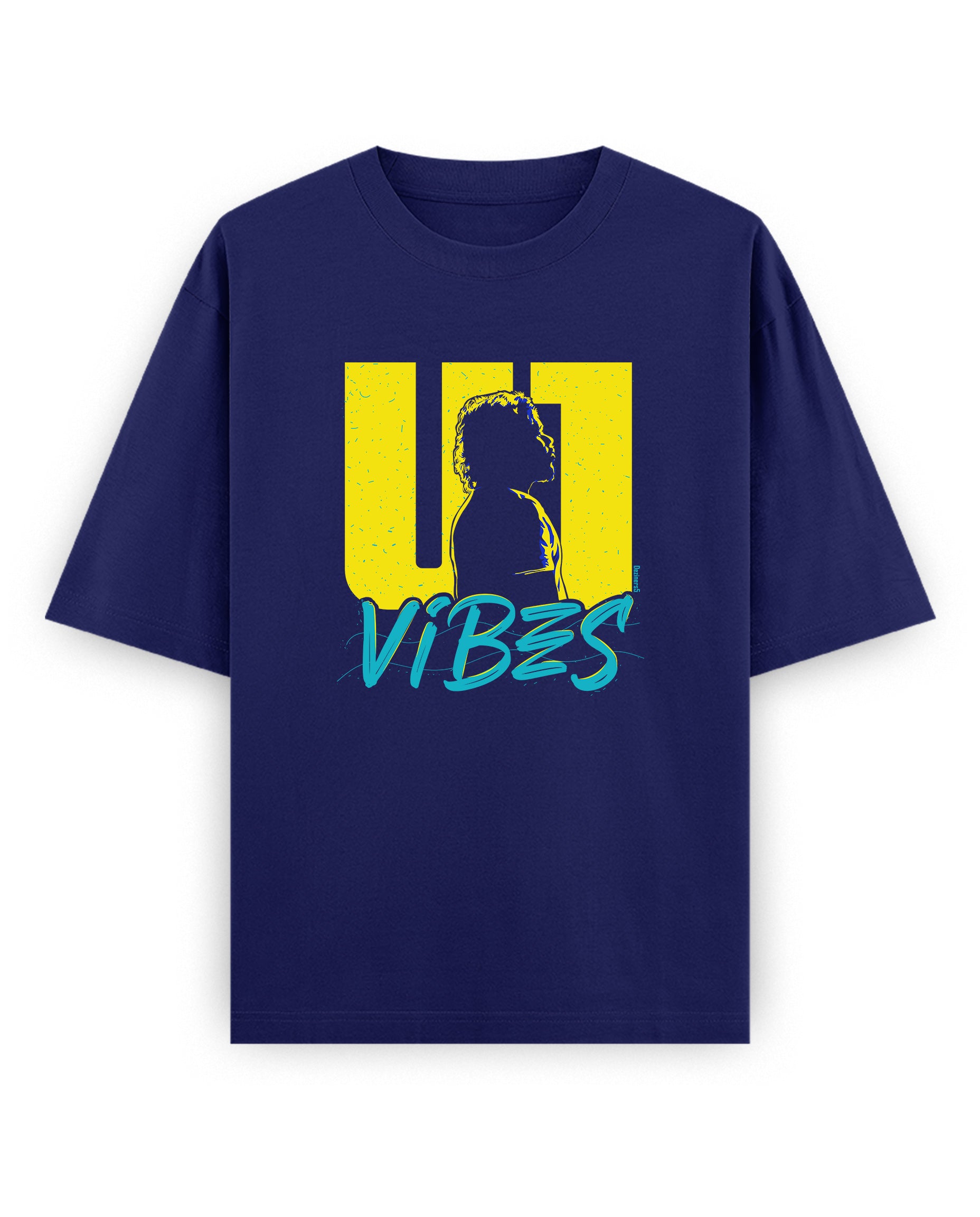 Front view of U1 VIBES unisex oversized graphic t-shirt in royal blue.