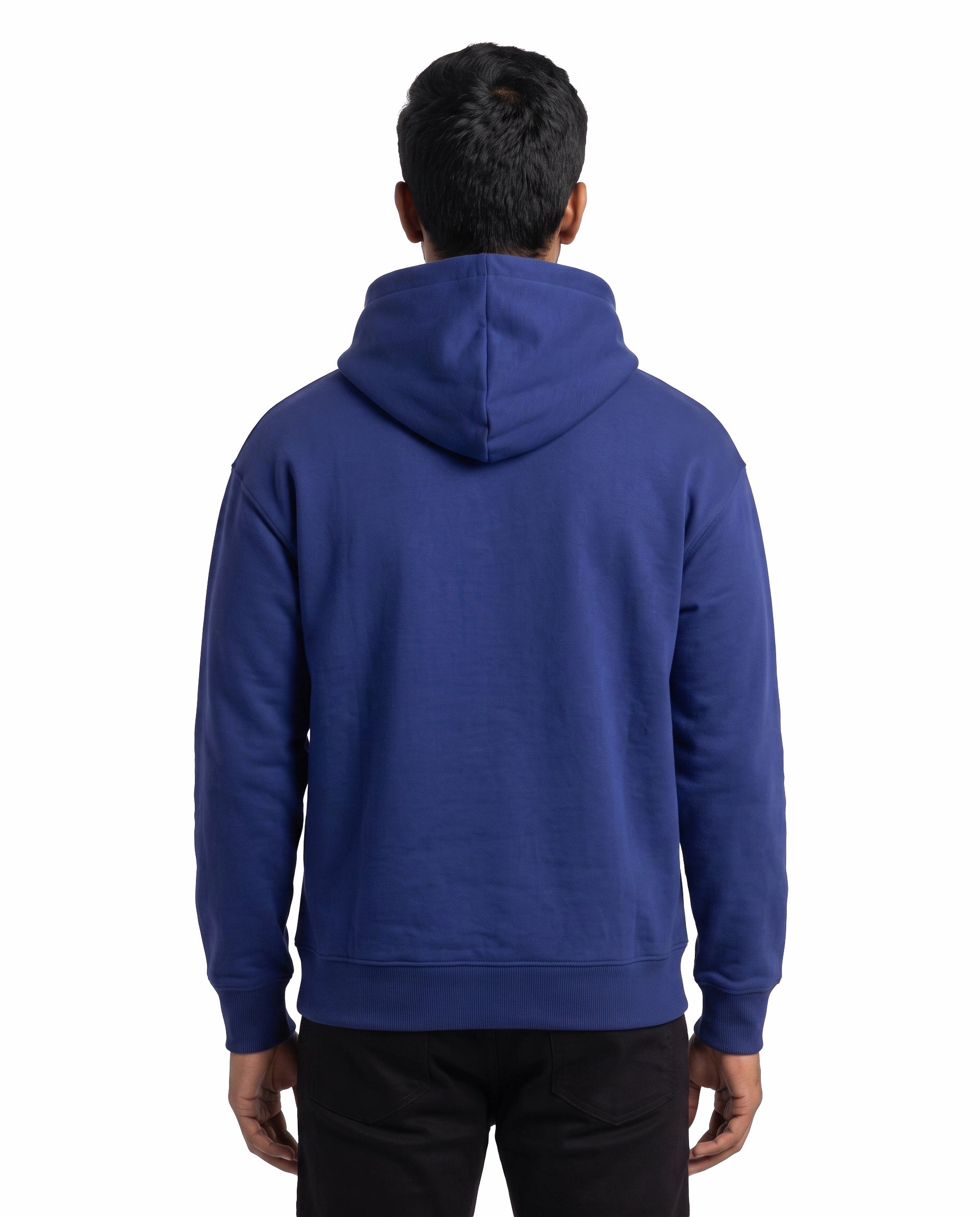Back view of male model wearing U1 VIBES - unisex regular-fit hoodie in royal blue in a studio setting.