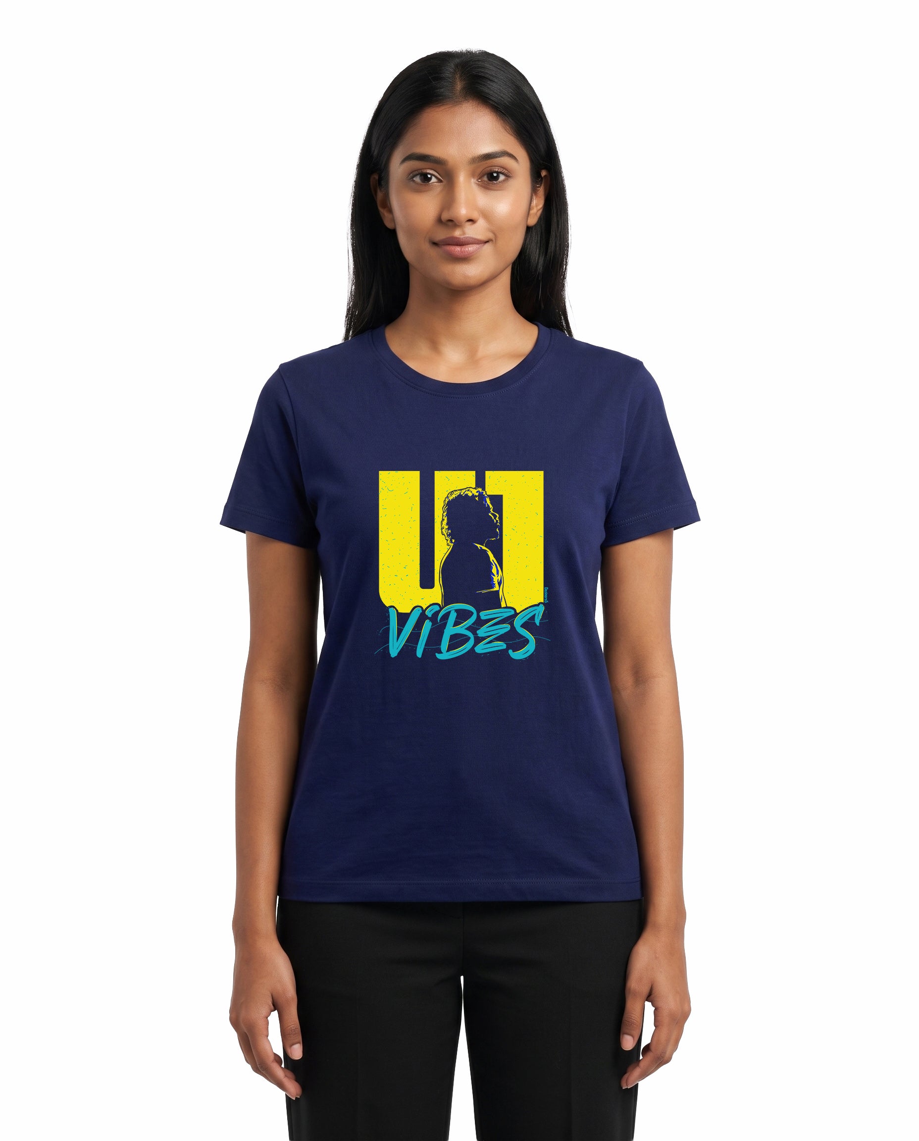 Female model wearing U1 VIBES women's regular-fit t-shirt in royal blue in a studio setting.