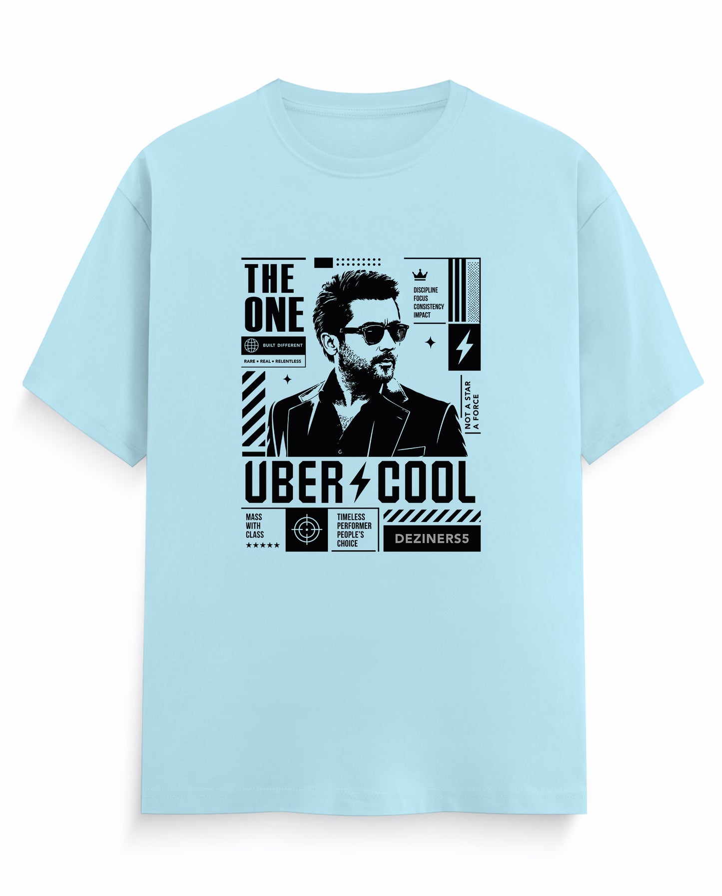 Front view of UBER COOL men's regular-tit t-shirt in baby blue.