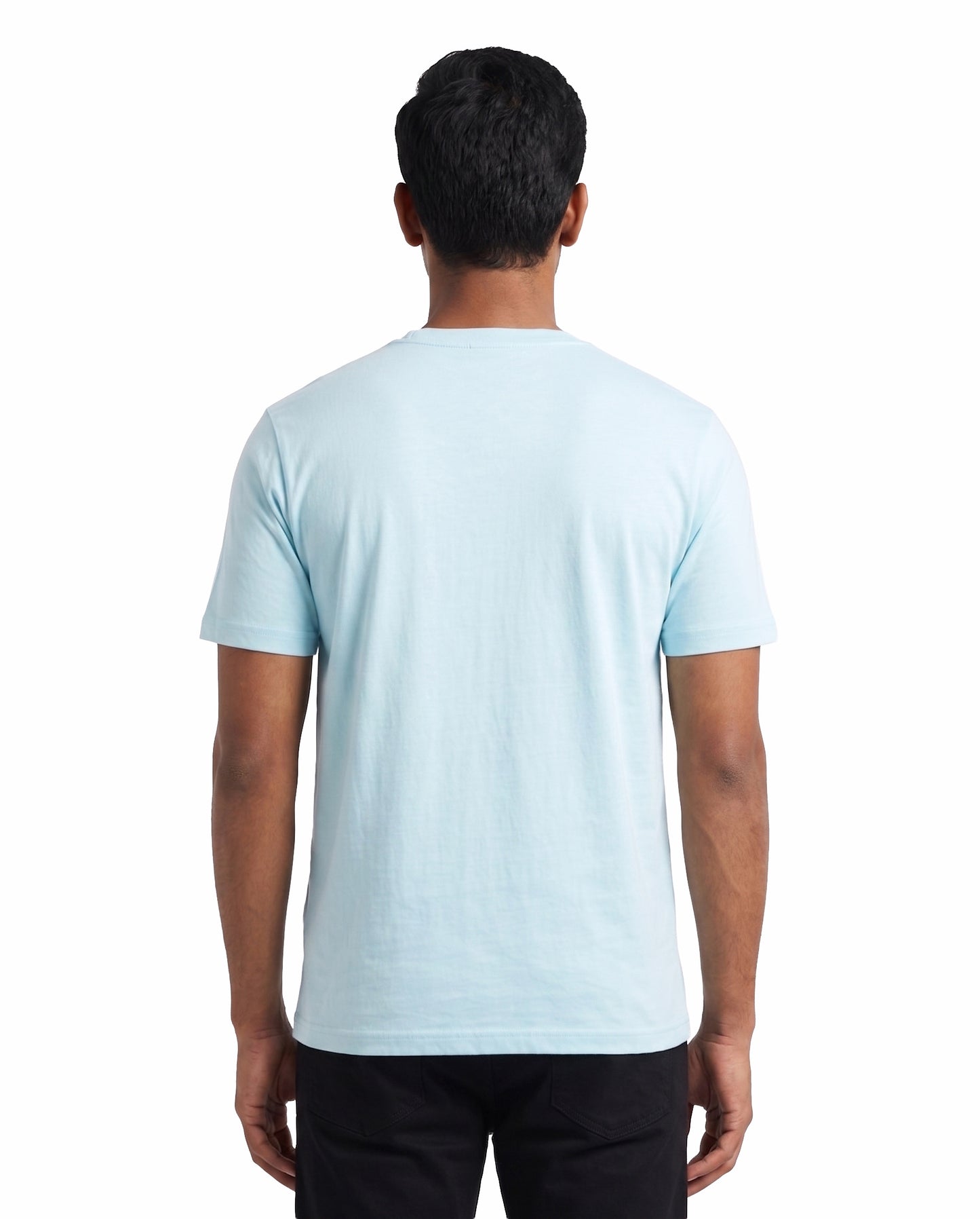 Back view of male model wearing UBER COOL men's regular-tit t-shirt in baby blue in a studio setting.