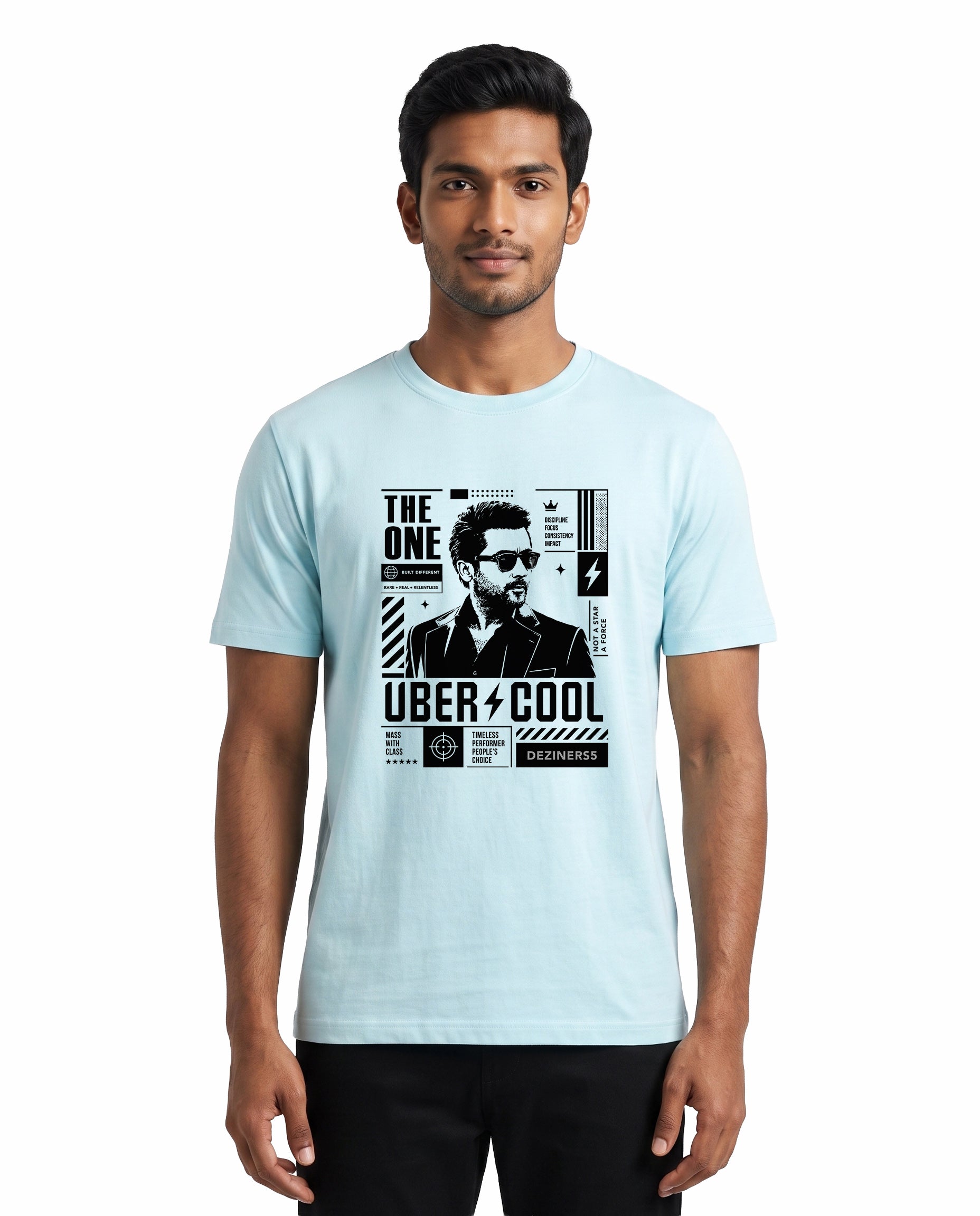 Front view of male model wearing UBER COOL men's regular-tit t-shirt in baby blue in a studio setting.