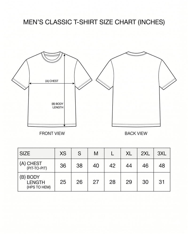 UBER COOL men's regular-tit t-shirt size chart with measurements.