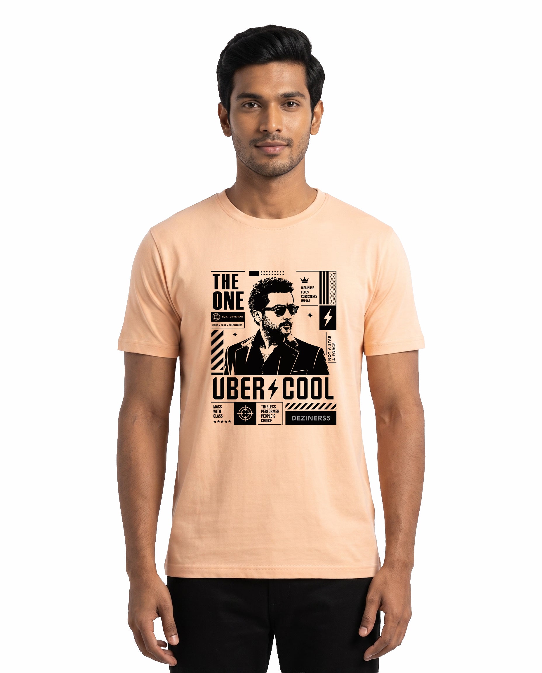 Front view of male model wearing UBER COOL men's regular-tit t-shirt in peach in a studio setting.