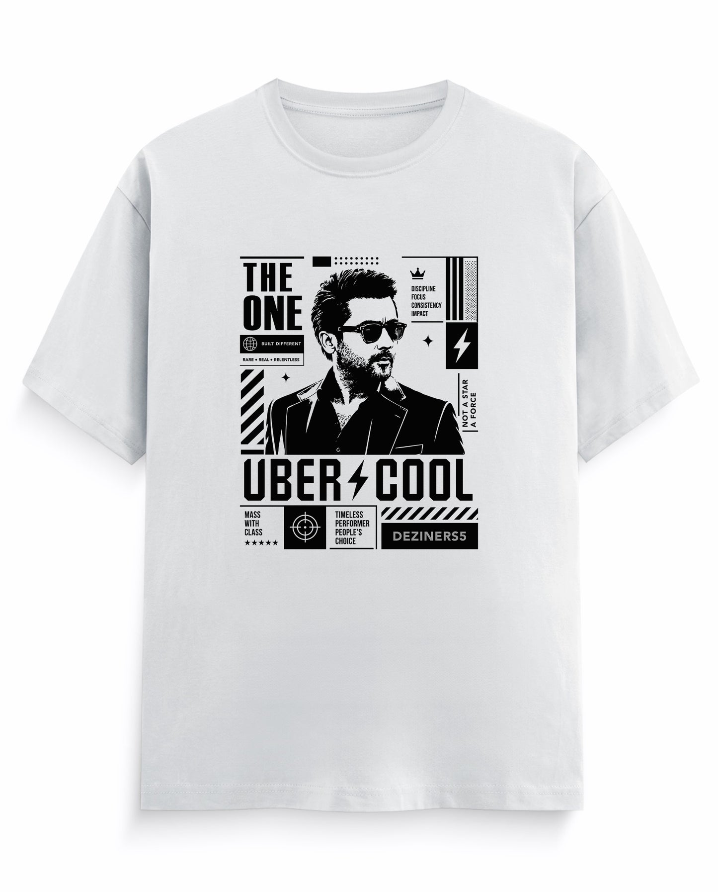 Front view of male model wearing UBER COOL men's regular-tit t-shirt in white.