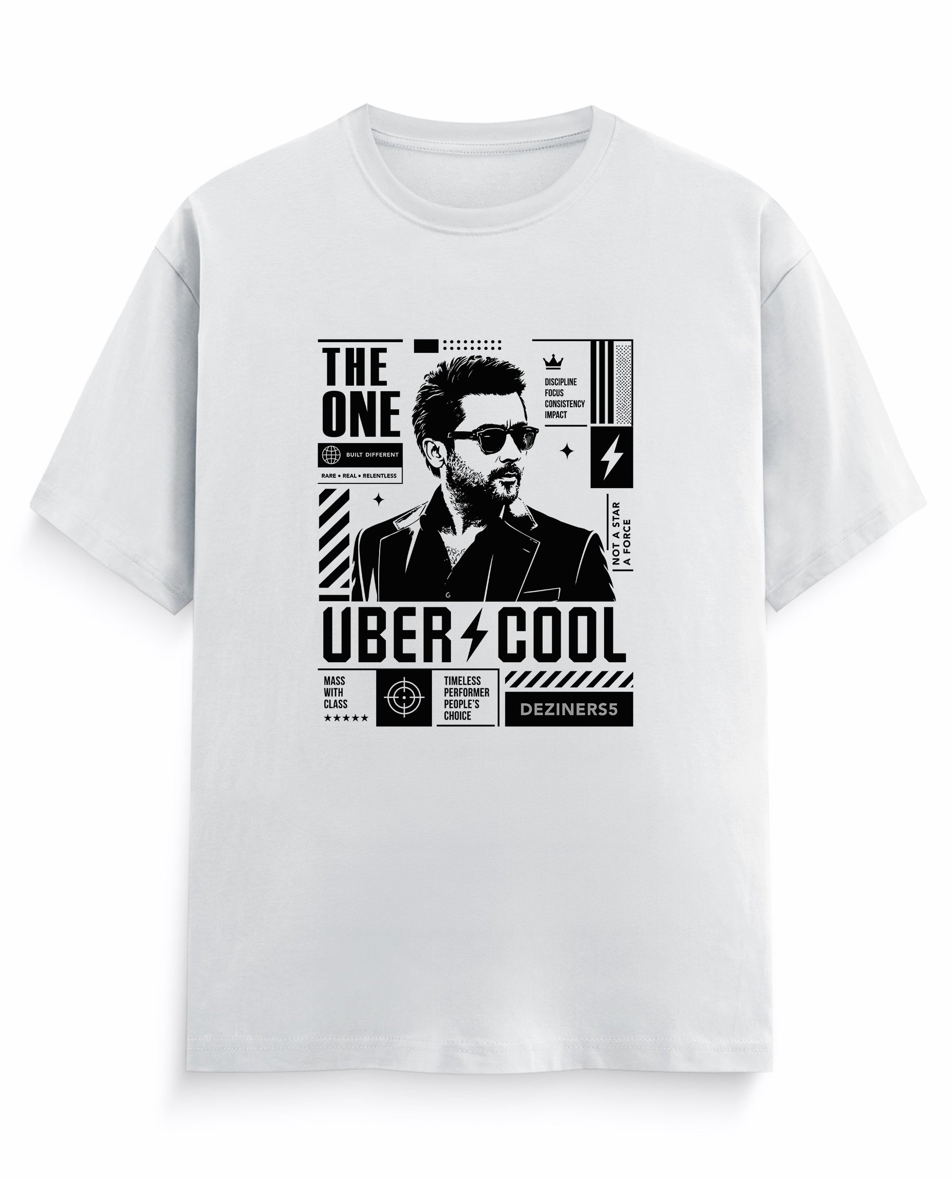 Front view of male model wearing UBER COOL men's regular-tit t-shirt in white.