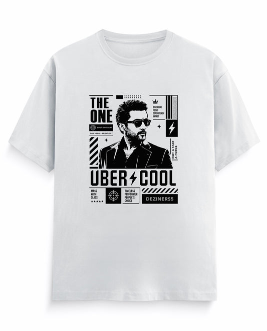 Front view of male model wearing UBER COOL men's regular-tit t-shirt in white.