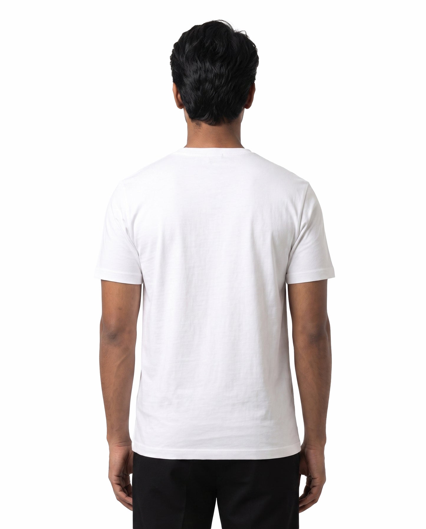 Back view of male model wearing UBER COOL men's regular-tit t-shirt in white in a studio setting.