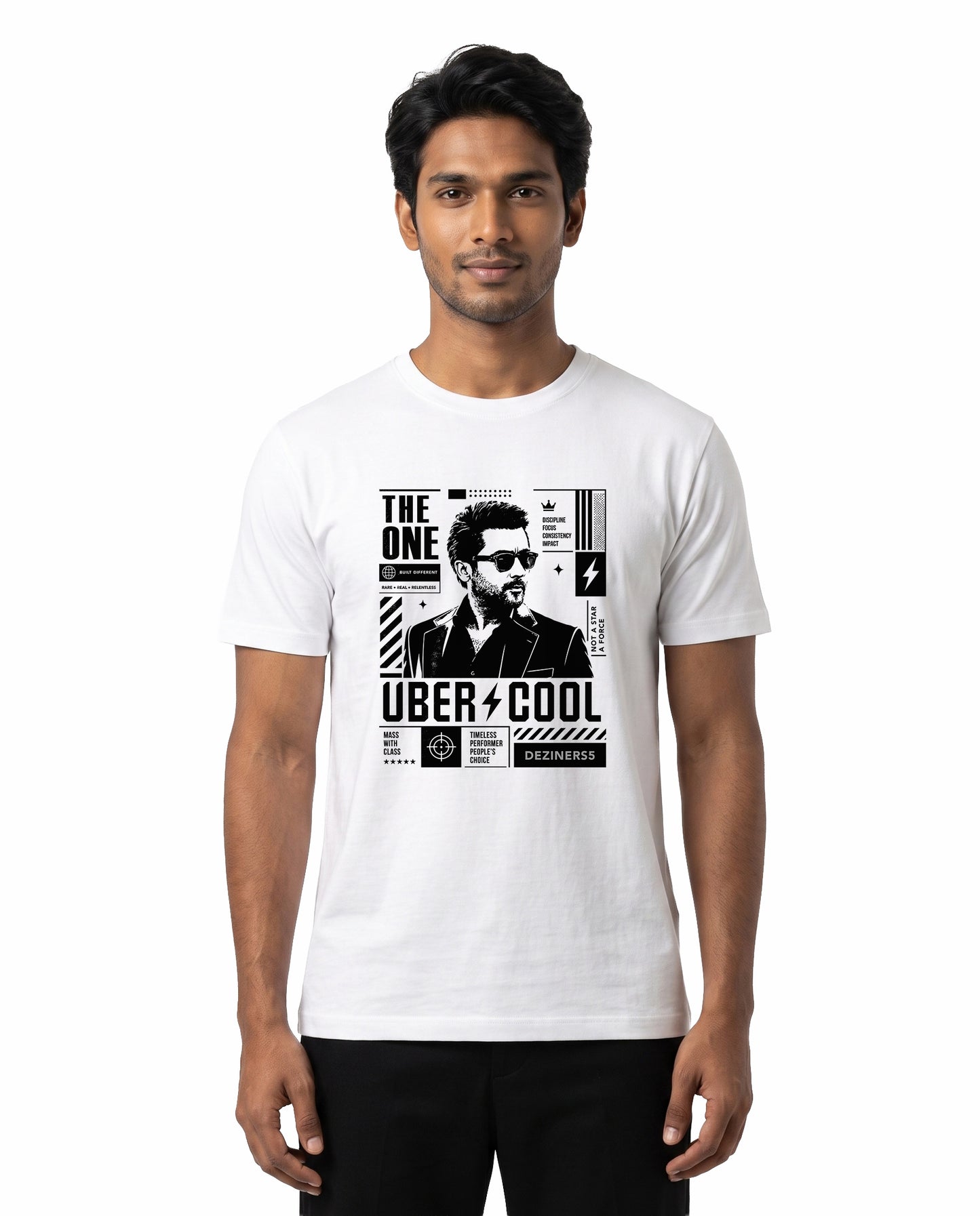Front view of male model wearing UBER COOL men's regular-tit t-shirt in white in a studio setting.