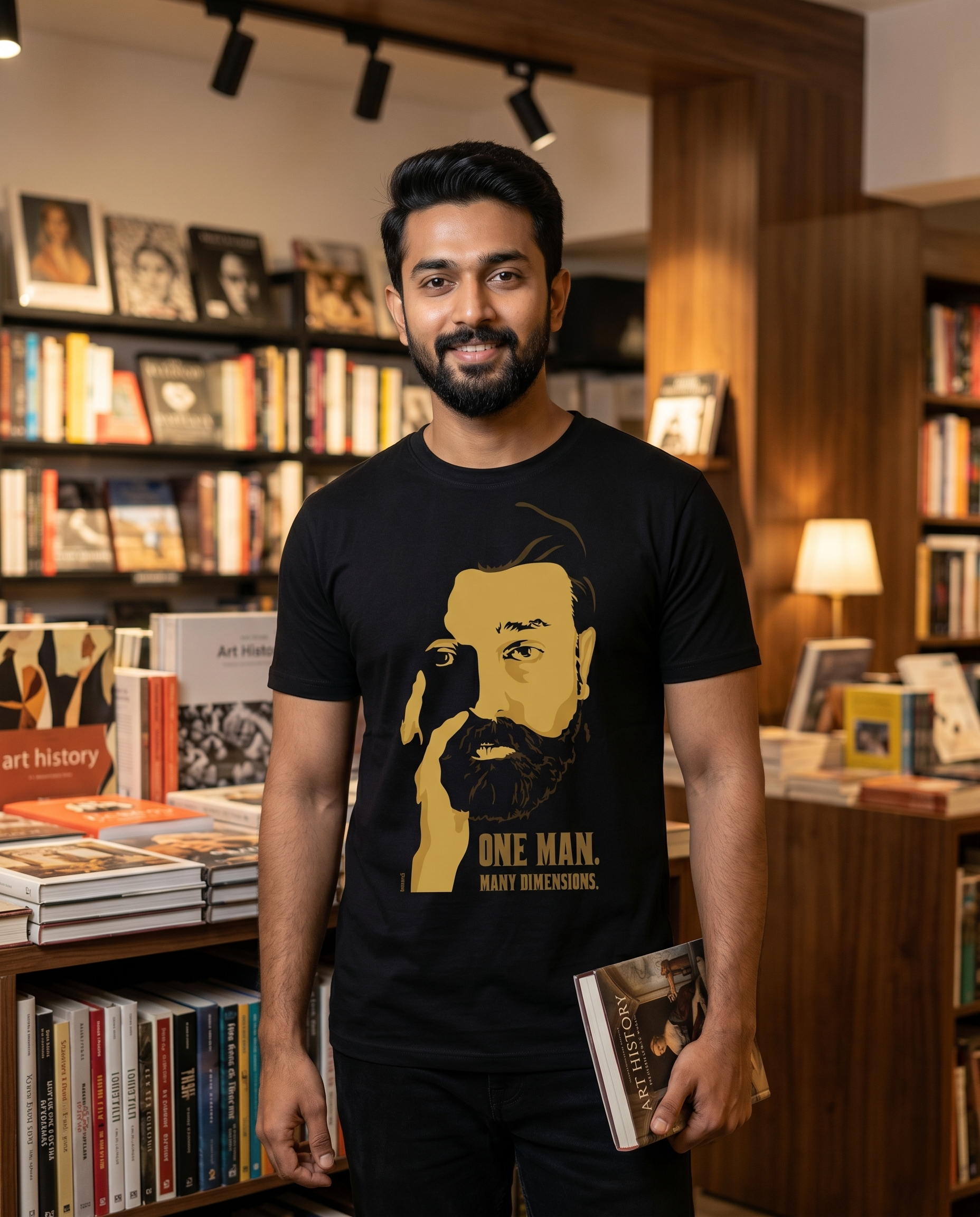Young South Indian male wearing the ULAGANAYAGAN TRIBUTE men's regular-fit t-shirt in black in a premium bookstore and cultural space setting.