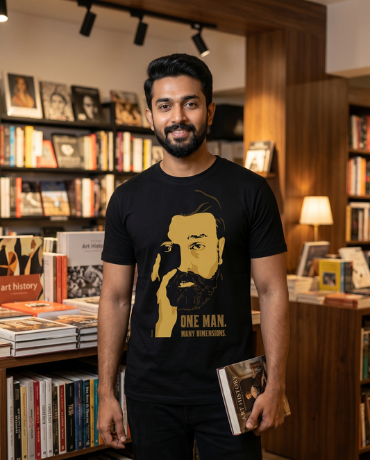 Young South Indian male wearing the ULAGANAYAGAN TRIBUTE men's regular-fit t-shirt in black in a premium bookstore and cultural space setting.