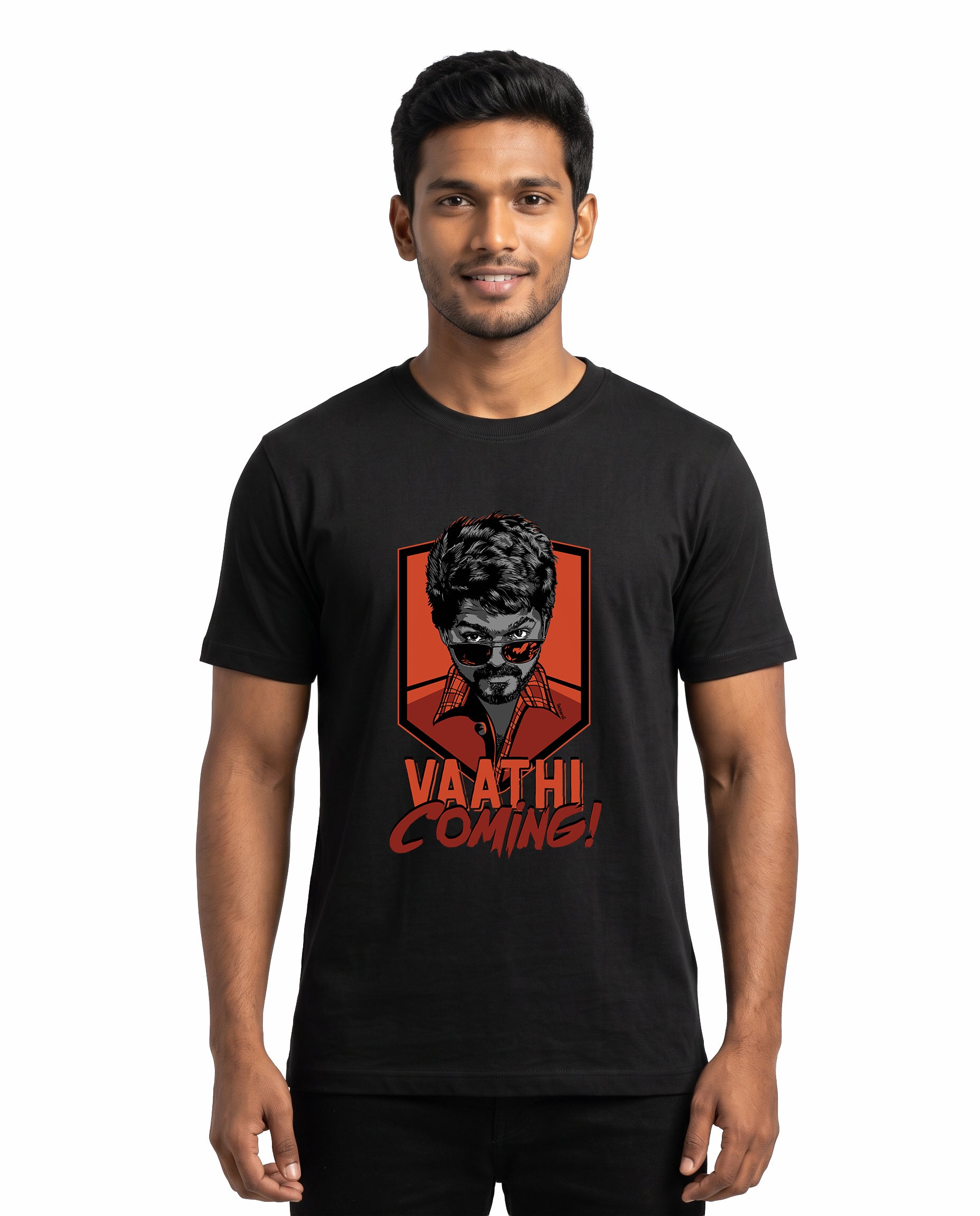 Male model wearing VAATHI COMING Vijay inspired black men's regular-fit t-shirt in a studio setting.