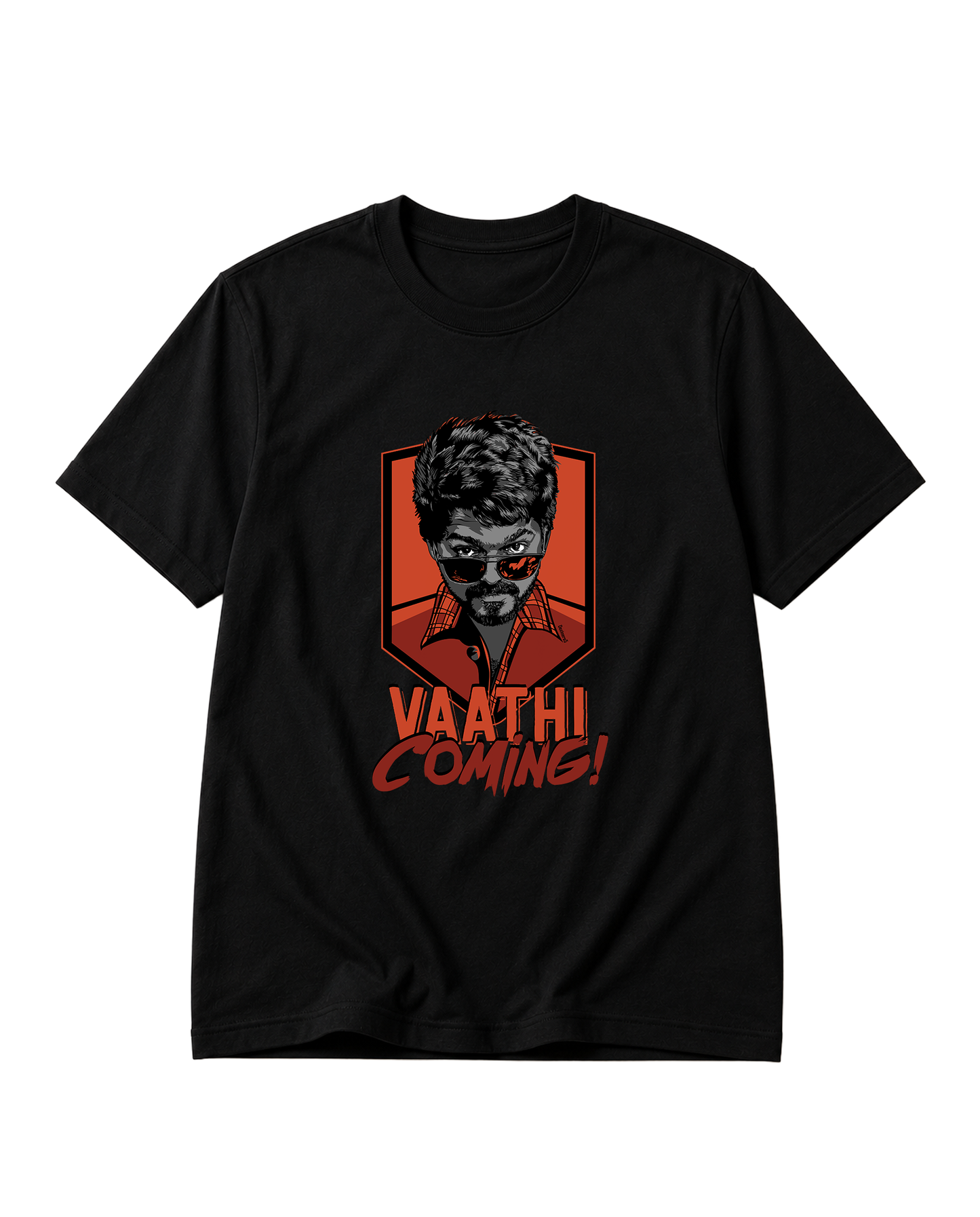 VAATHI COMING Vijay inspired graphic on a black men's regular-fit t-shirt.