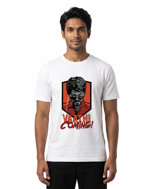 Male model wearing VAATHI COMING Vijay inspired white men's regular-fit t-shirt in a studio setting.