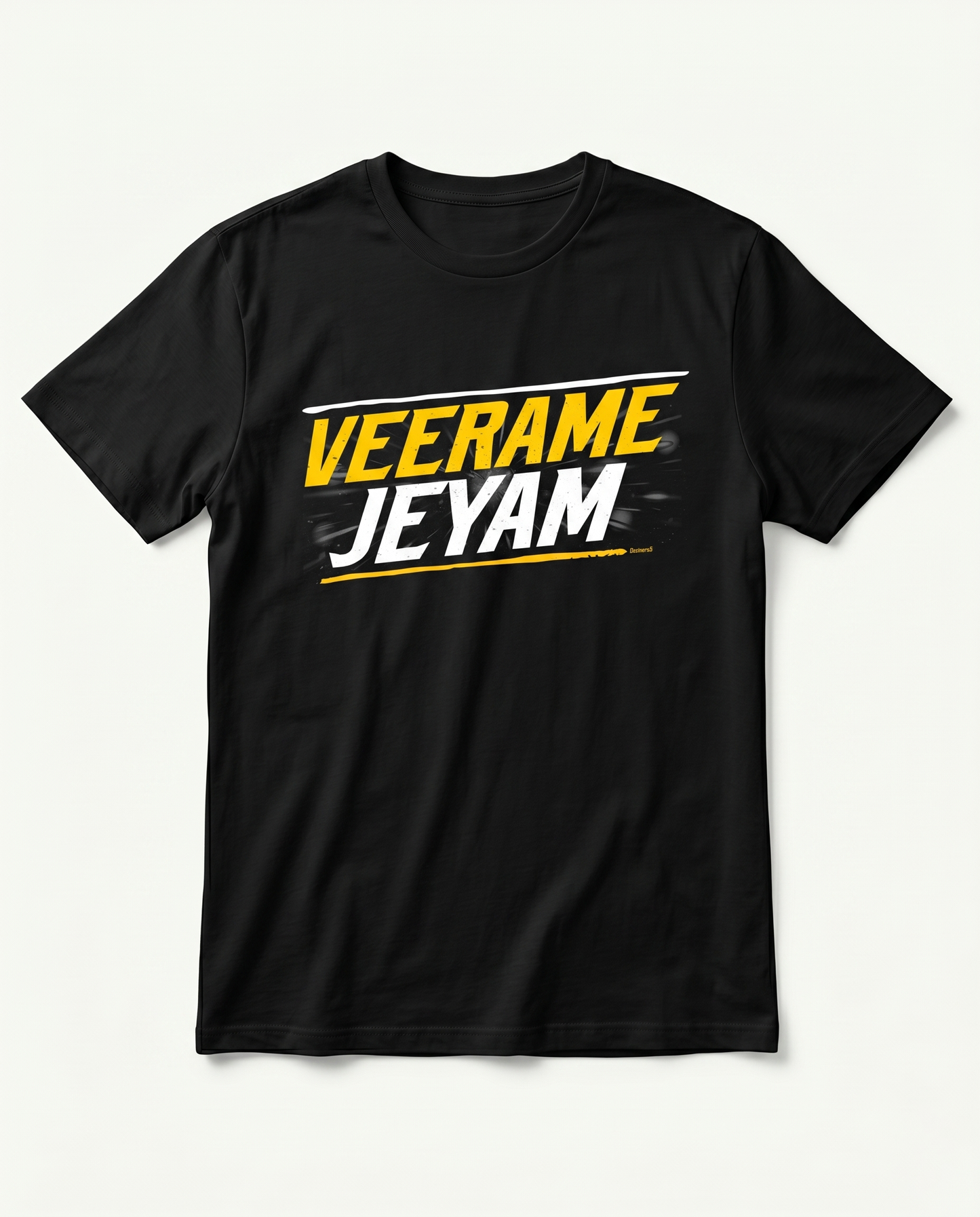 VEERAME JEYAM men's regular-fit t-shirt featuring a bold typography design on a black t-shirt.