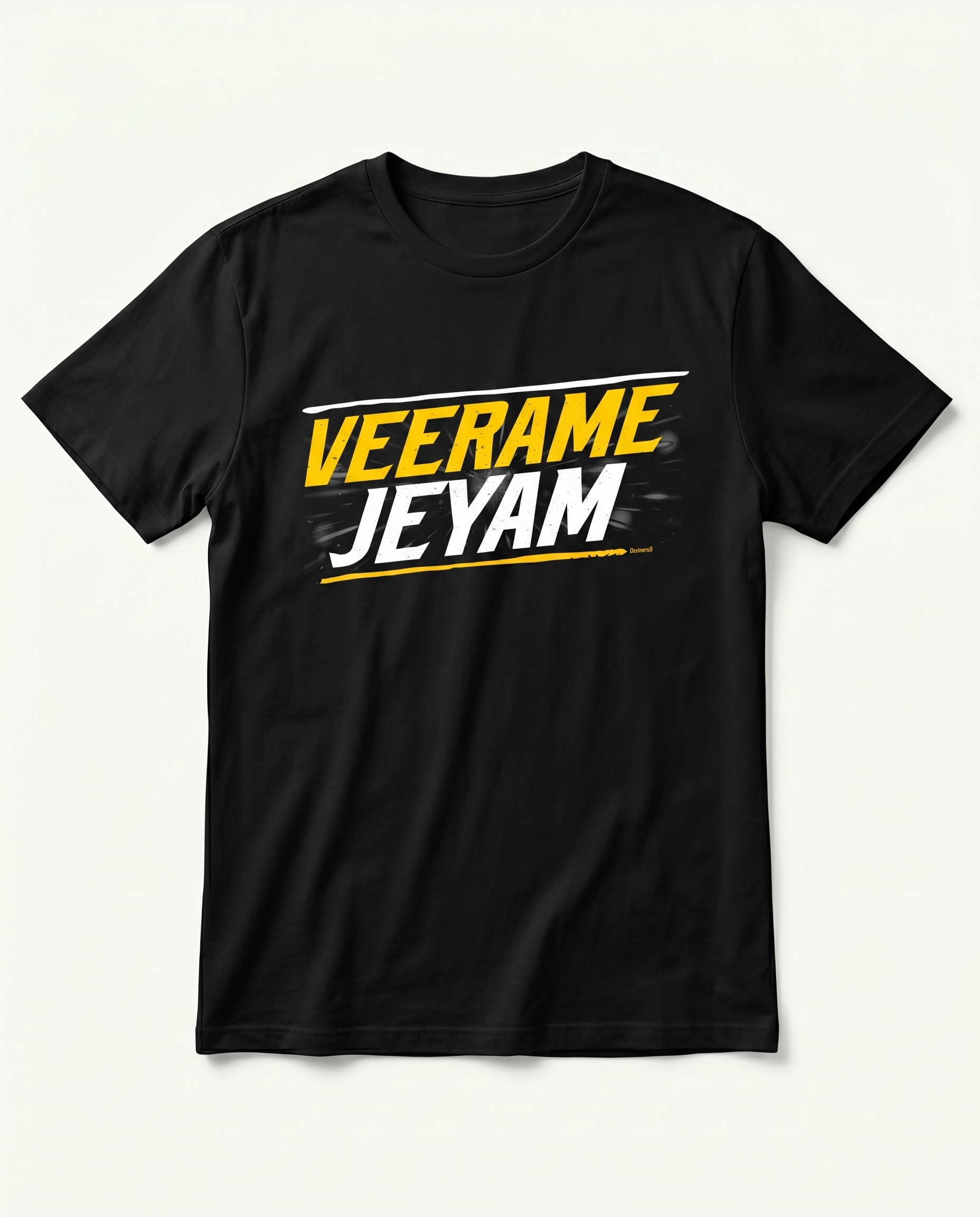 VEERAME JEYAM men's regular-fit t-shirt featuring a bold typography design on a black t-shirt.