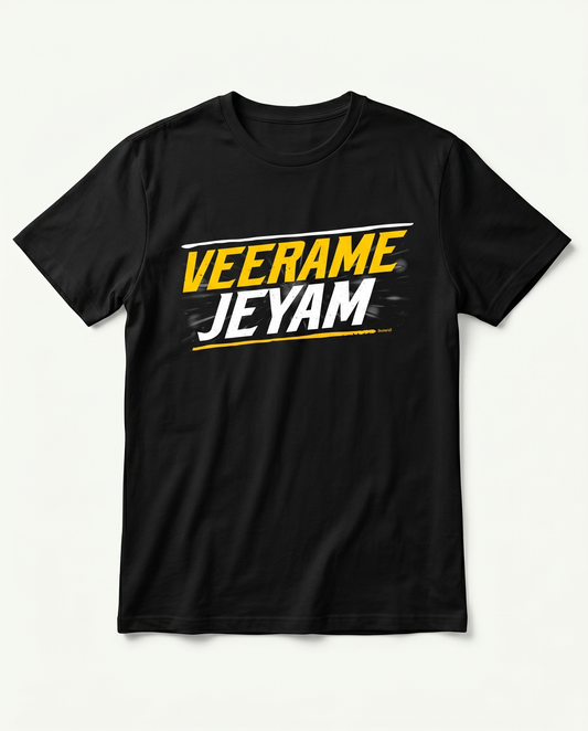 VEERAME JEYAM men's regular-fit t-shirt featuring a bold typography design on a black t-shirt.