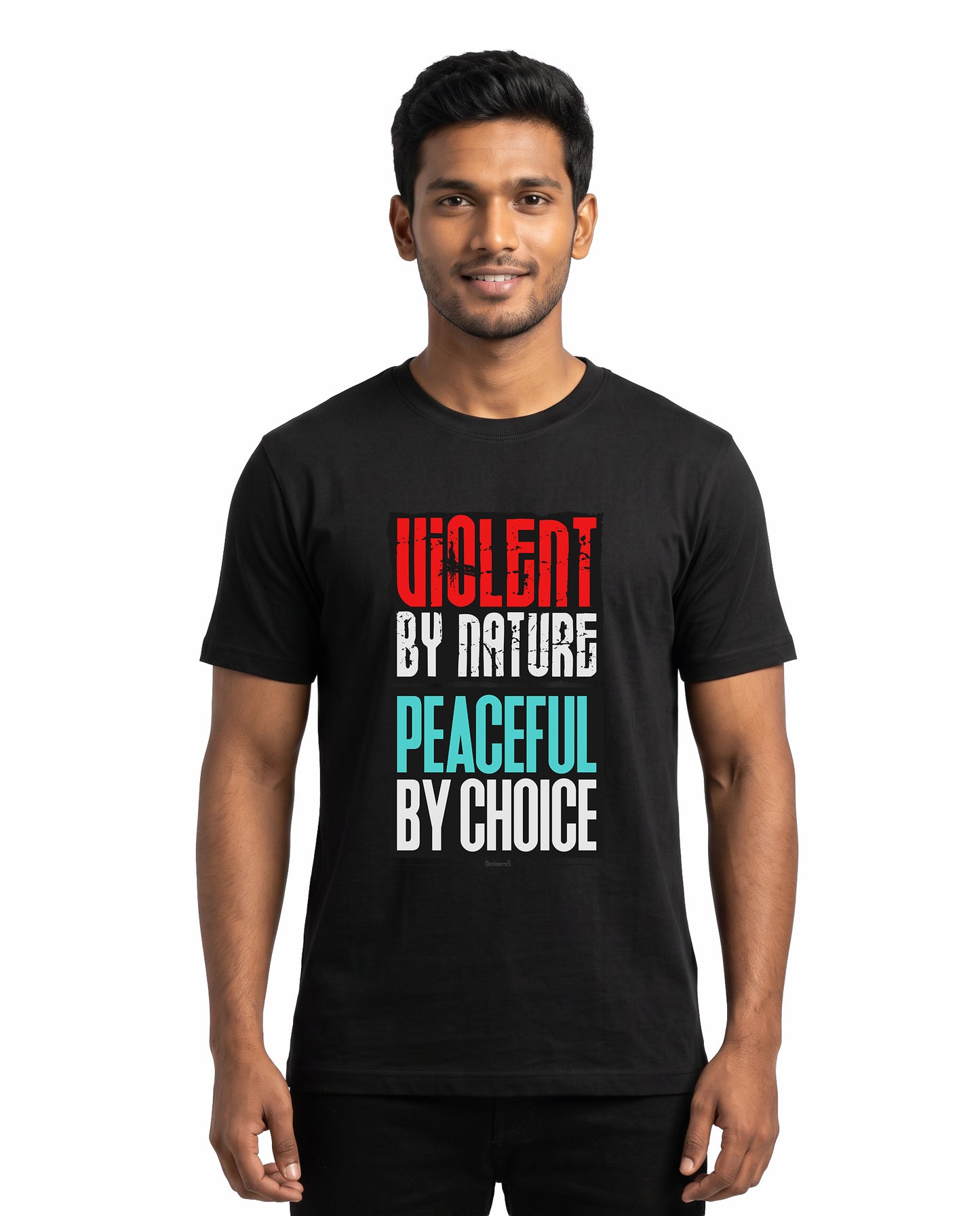 Male model wearing VIOLENT BY NATURE PEACEFUL BY CHOICE men's regular-fit t-shirt in black in a studio backdrop