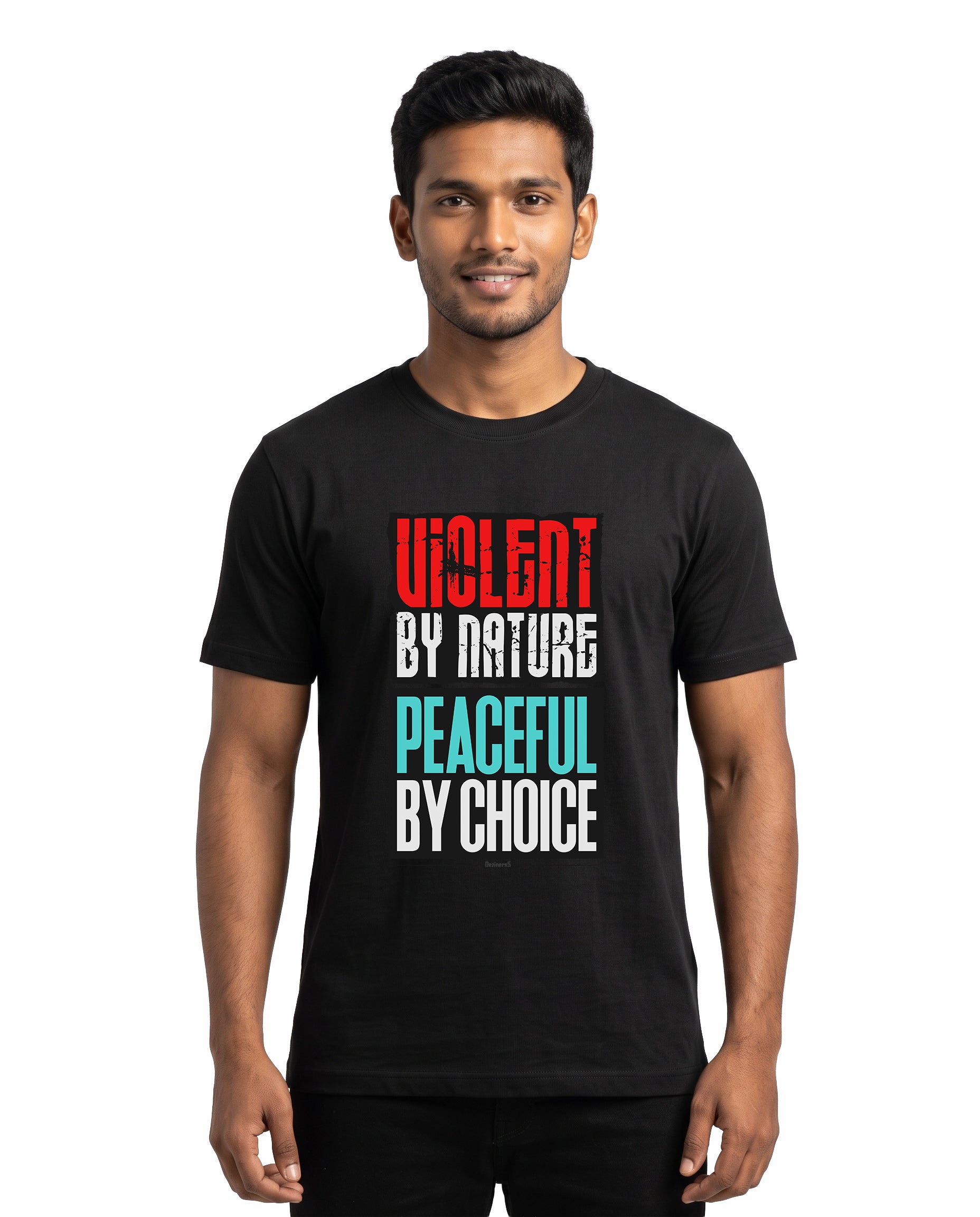 Male model wearing VIOLENT BY NATURE PEACEFUL BY CHOICE men's regular-fit t-shirt in black in a studio backdrop