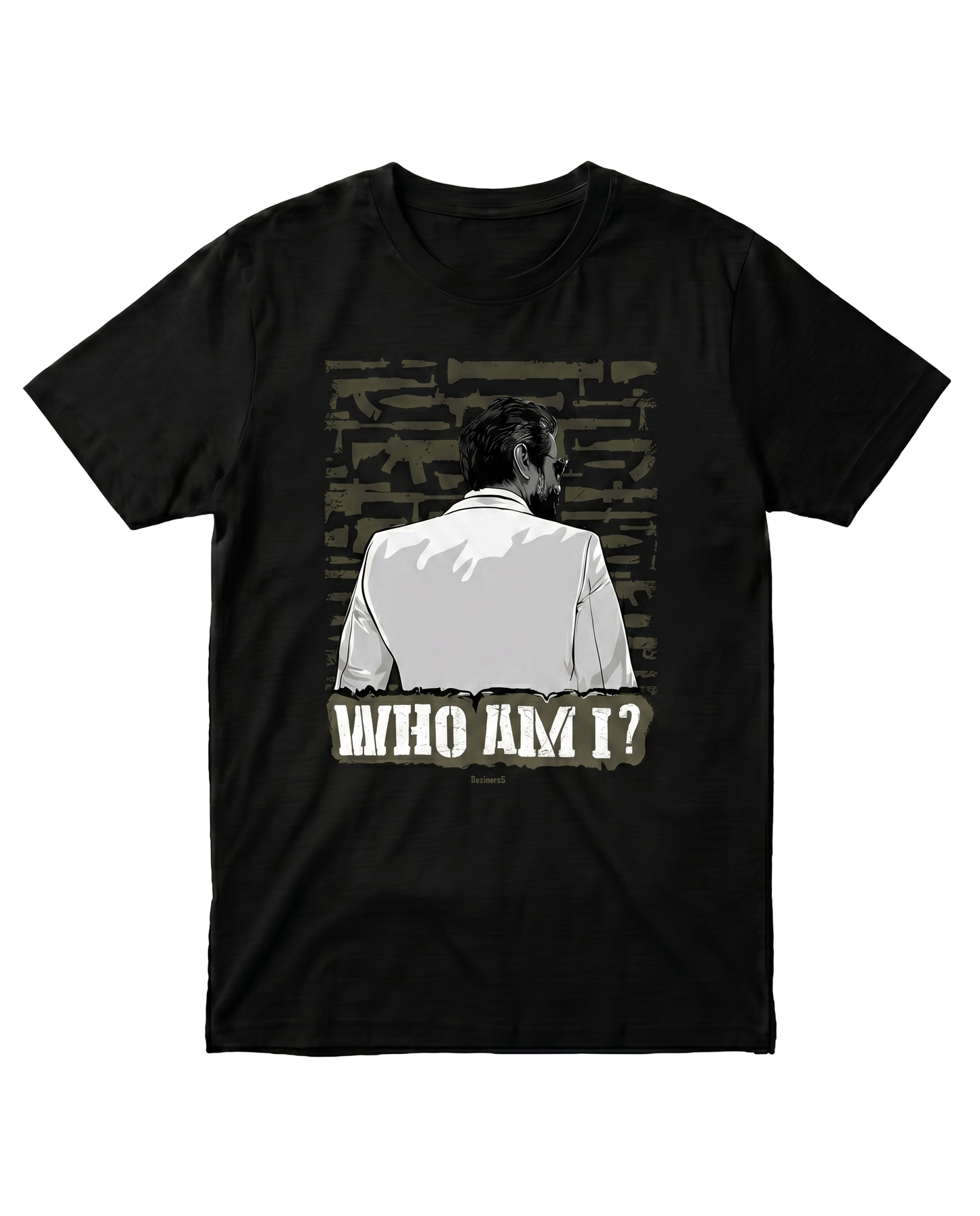 WHO AM I men's regular-fit t-shirt in black featuring an illustrated graphic design inspired by mystery and identity.