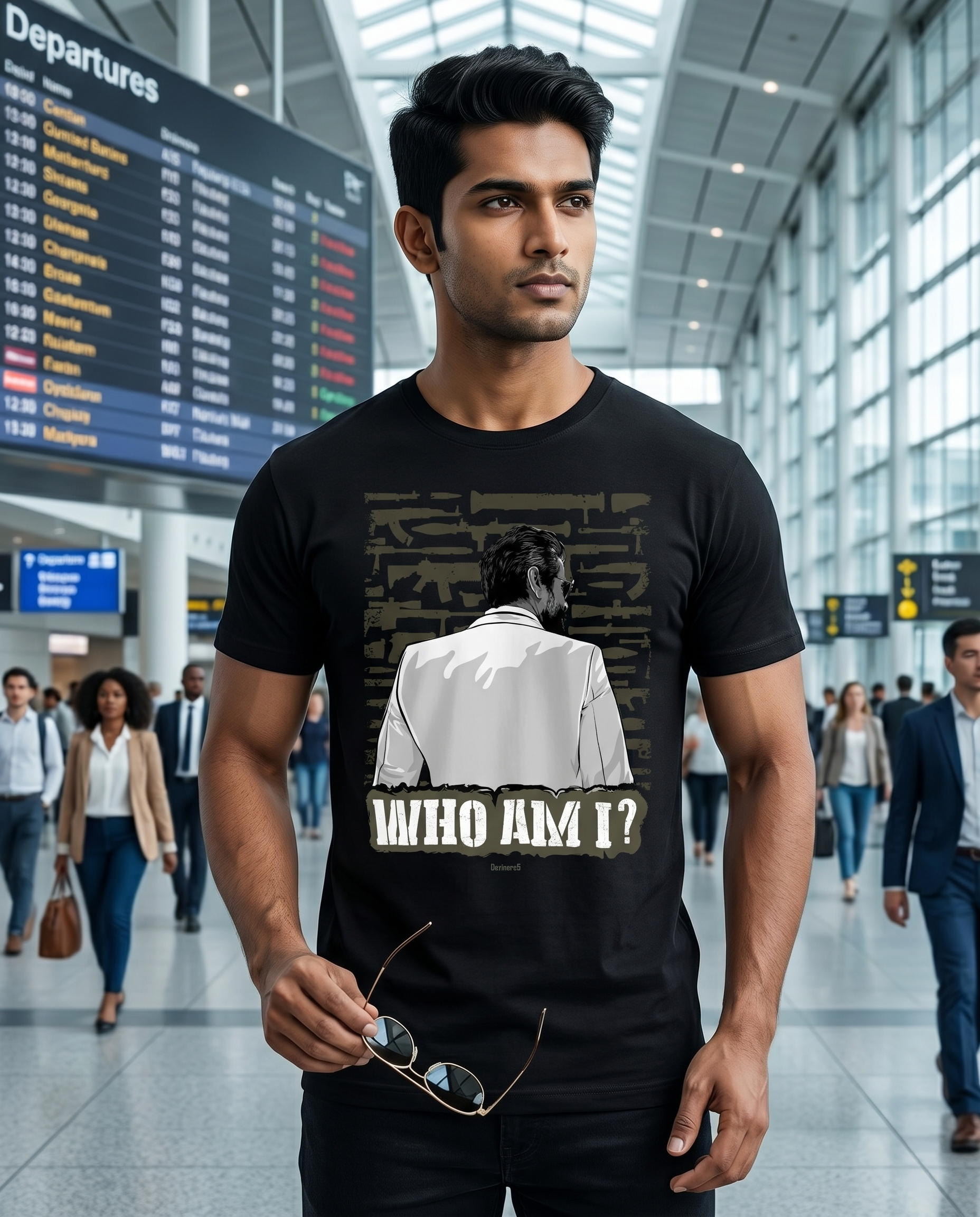 Young South Indian male wearing the WHO AM I men's regular-fit t-shirt in black in a sophisticated modern setting.