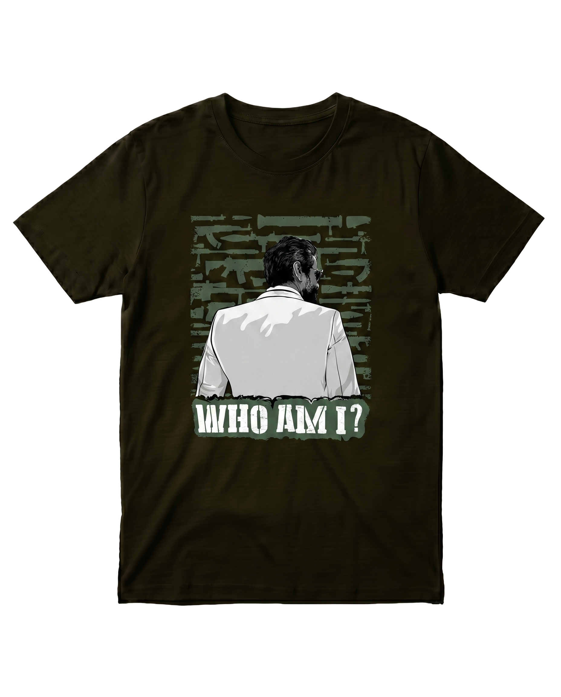 WHO AM I men's regular-fit t-shirt in olive green featuring an illustrated graphic design inspired by mystery and identity.