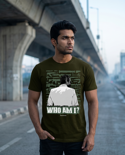 Young South Indian male wearing the WHO AM I men's regular-fit t-shirt in olive green in a modern setting.