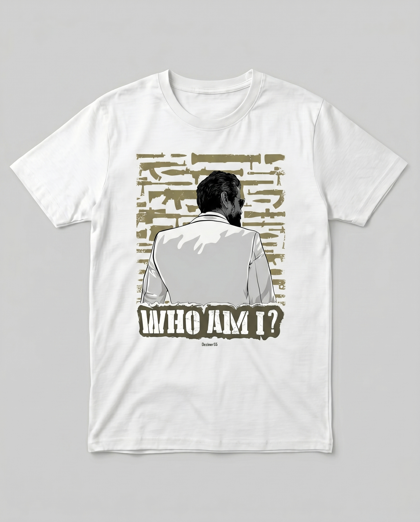 WHO AM I men's regular-fit t-shirt in white featuring an illustrated graphic design inspired by mystery and identity.