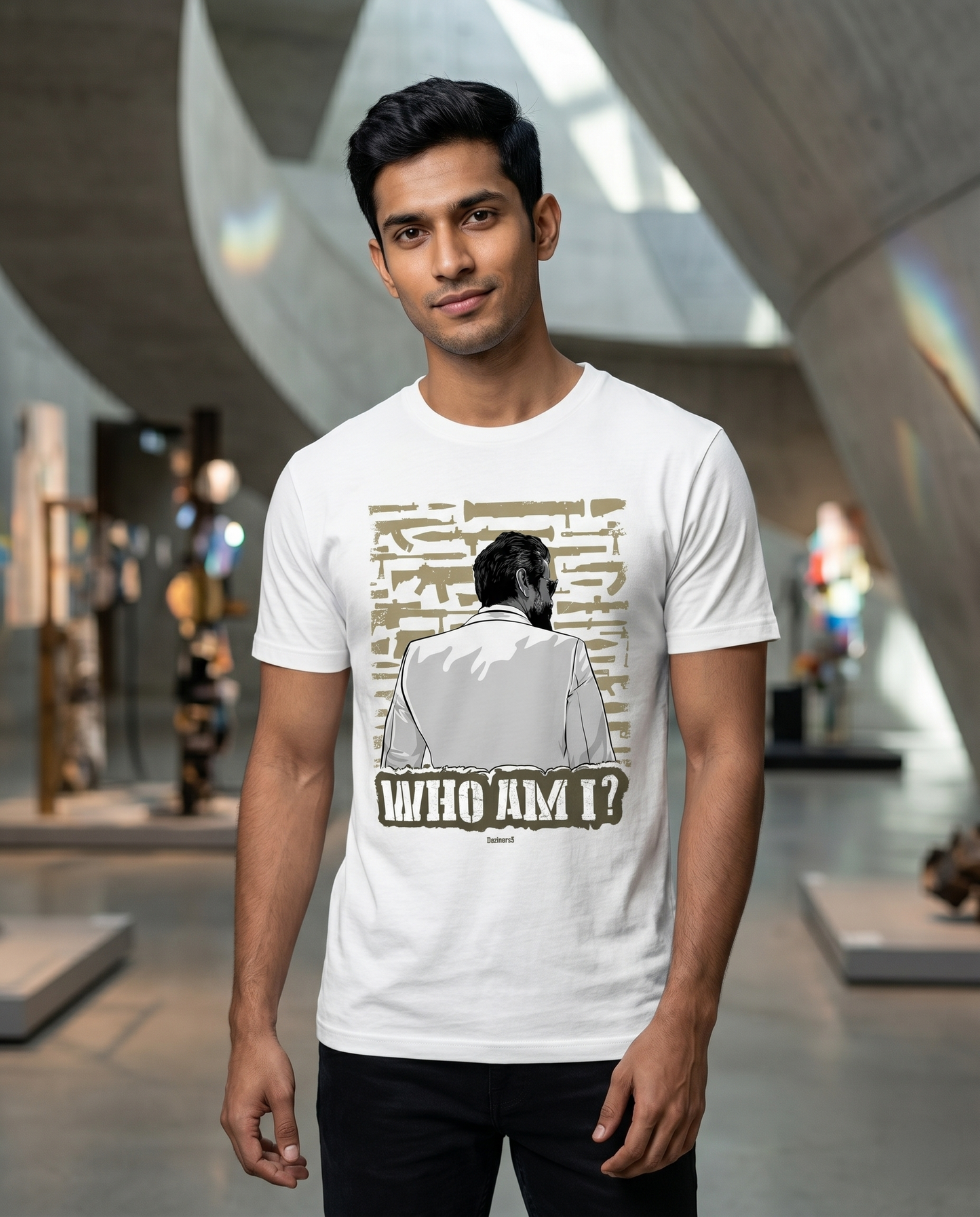 Young South Indian male wearing the WHO AM I men's regular-fit t-shirt in white in a sophisticated modern setting.