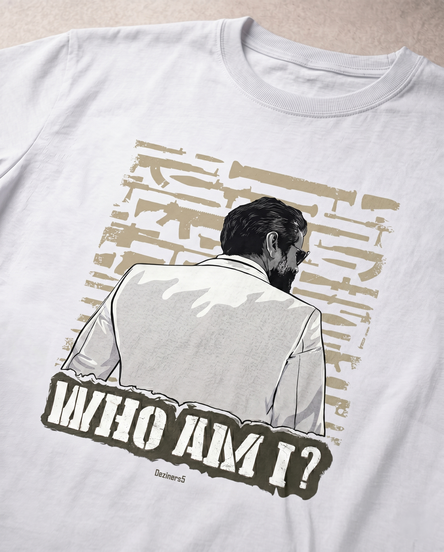 Detailed close-up of the WHO AM I illustrated graphic print highlighting premium print quality and artwork details on a white men's regular-fit t-shirt.