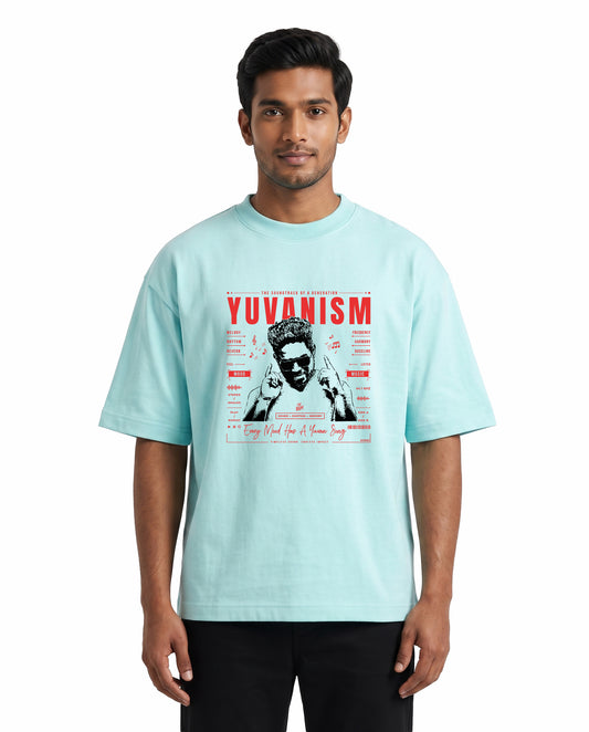 Front view of male model wearing YUVANISM - Unisex Oversized Graphic T-Shirt in mint in a studio setting.