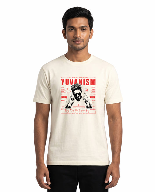 Front view of male model wearing YUVANISM - Men's Regular Fit T-Shirt in off-white in a studio setting.
