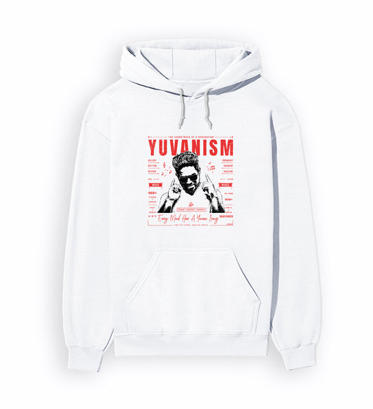 Front view of YUVANISM - Unisex Regular Fit Hoodie in white.