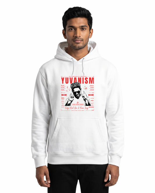 Front view of male model wearing YUVANISM - Unisex Regular Fit Hoodie in white in a studio setting.