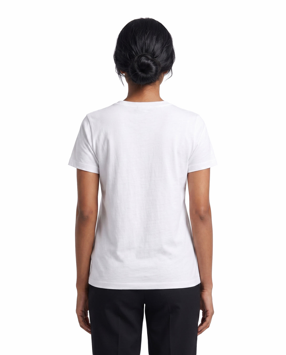 Back view of female model wearing YUVANISM - Women's Regular Fit T-Shirt in white in a studio setting.
