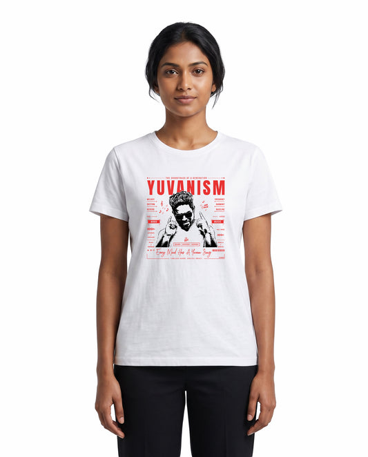 Front view of female model wearing YUVANISM - Women's Regular Fit T-Shirt in white in a studio setting.